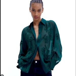NWT Zara beaded appliqué embroidered semi sheer blouse